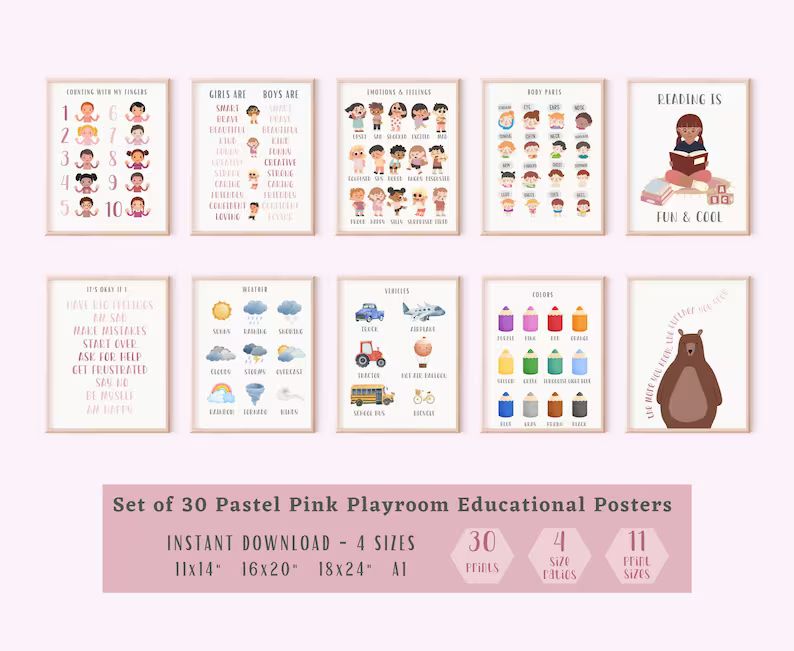 Pastel Pink Set of 30 Playroom Educational Posters - Etsy | Etsy (US)
