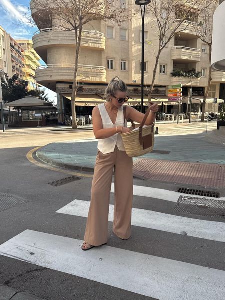 Spring summer outfit idea - beige trousers & cream waistcoat from Laura Byrnes x Very edit, loewe basket bag, ego tan sandals & mantra sunglasses 

#LTKSeasonal #LTKstyletip #LTKeurope