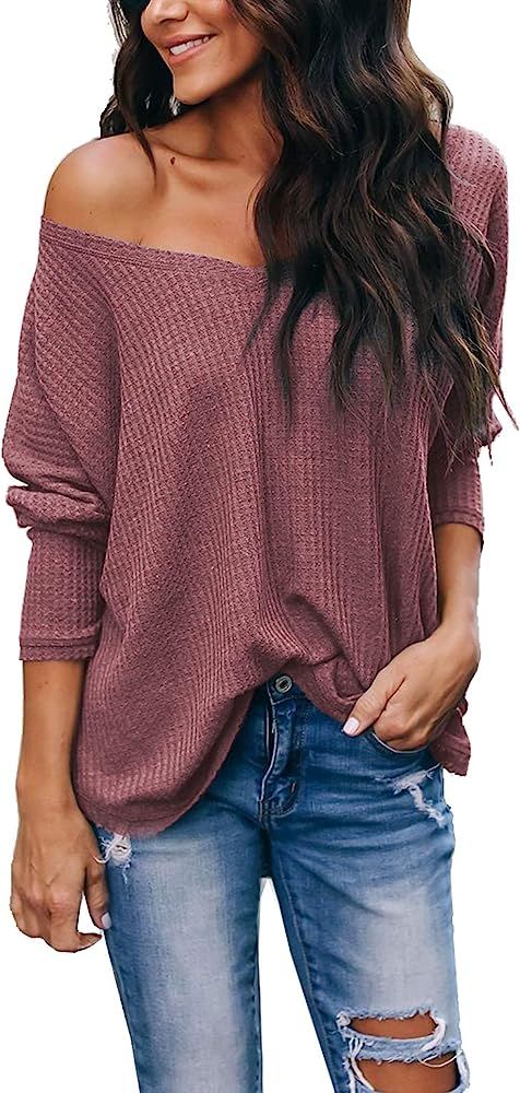 Women's Casual V-Neck Off-Shoulder Batwing Sleeve Pullover Sweater Tops | Amazon (US)