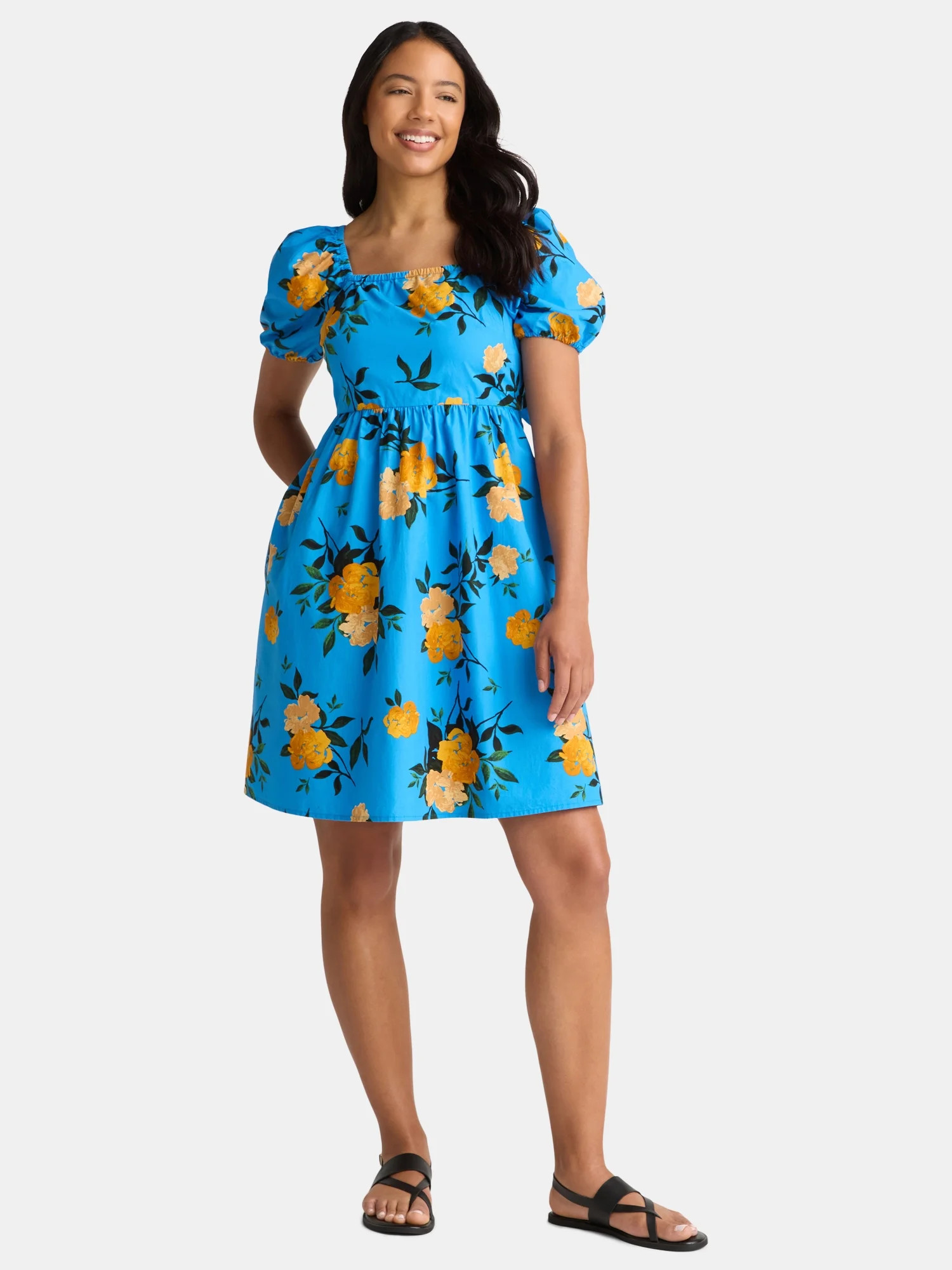Time and Tru Women's Cotton Tie Back Mini Dress with Puff Sleeves, Sizes XS-XXXL - Walmart.com | Walmart (US)