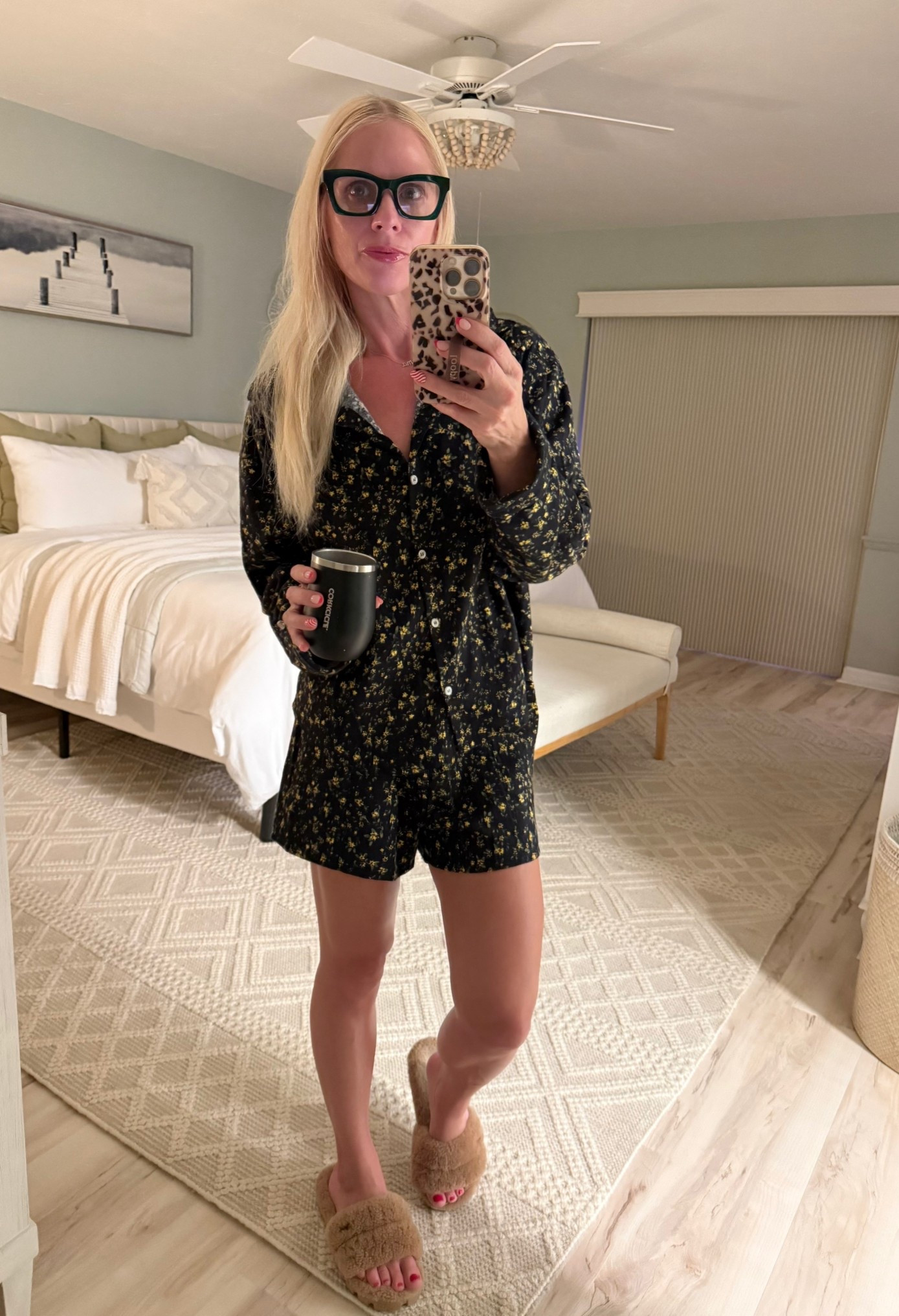 Fresh face Friday night. My Free People pajamas are on sale & come in 3 patterns. The top is longer in the back and the shorts have big side pockets for your snacks and phone. Oversized for a comfy fit, I’m in XS. My slippers are the Ugg Cozetta Curly platform in chestnut. 

#LTKOver40 #LTKSaleAlert