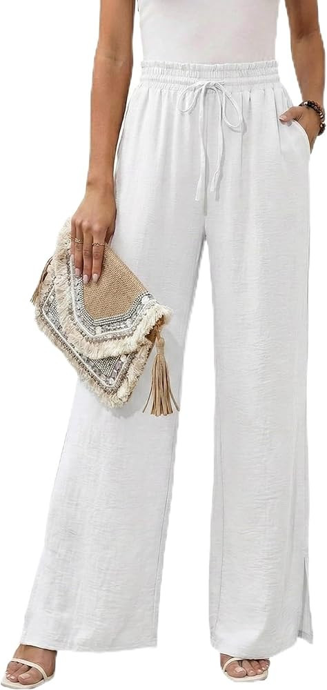 Womens Flowy Wide Leg Pants, 2026 Summer Beach Pants High Waist Drawstring Trousers Travel Vacati... | Amazon (US)