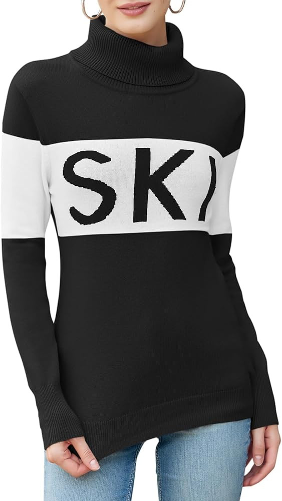 LCXWFE Womens Ski Sweaters Color Block Long Sleeve Turtleneck Pullover Sweater Trendy Knitwear To... | Amazon (US)