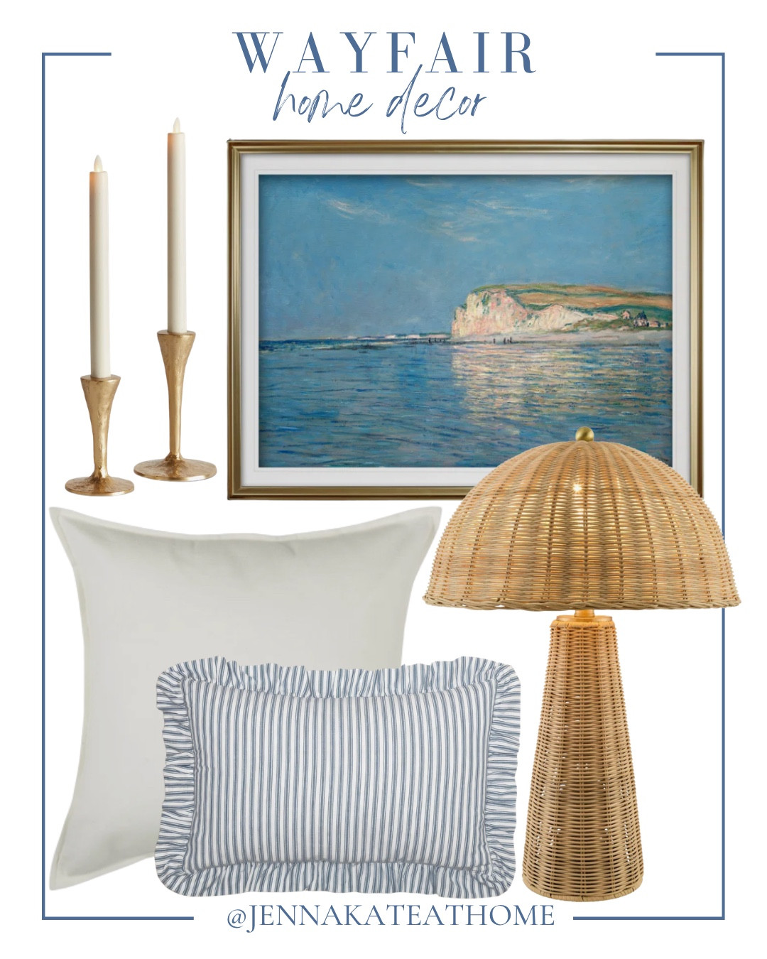 Wayfair home decor includes wall art, rattan lamp, throw pillows, and candlestick holders

Home decor, looks for less, coastal home

#LTKSaleAlert #LTKHome #LTKSeasonal