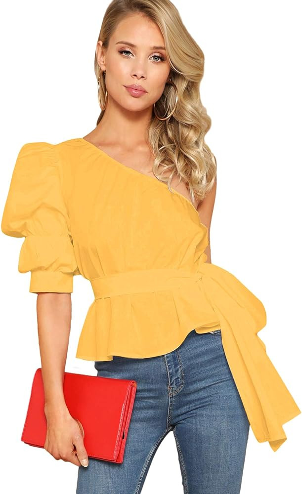 Romwe Women's One Shoulder Short Puff Sleeve Self Belted Solid Blouse Top | Amazon (US)