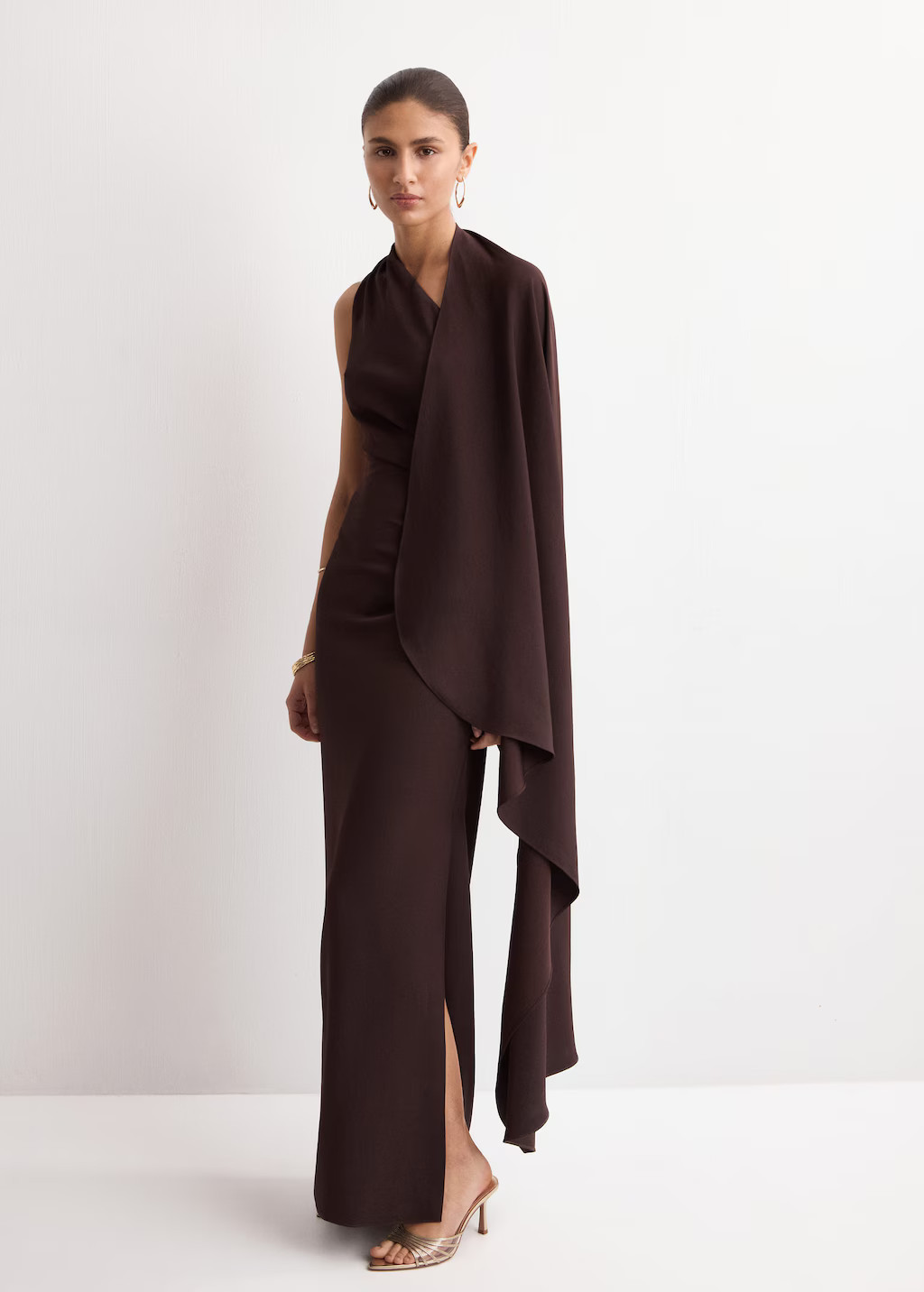 Asymmetrical dress with scarf chocolate - Woman - 4 - MANGO | Mango (US/MX/AU)