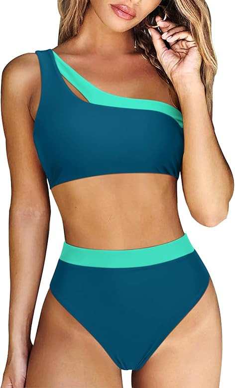 RXRXCOCO Women One Shoulder High Waisted Bikini Set Color Block High Cut 2 Piece Swimsuit Bathing... | Amazon (US)