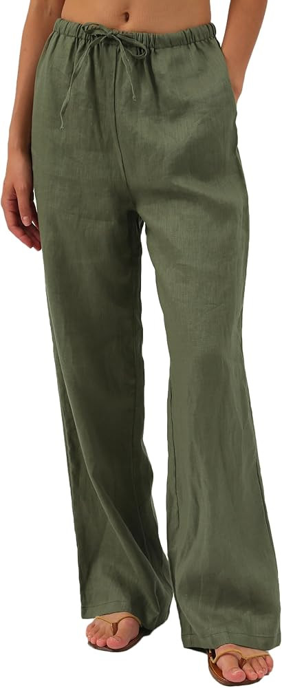 Amazhiyu Womens Pure Linen Summer Drawstring Flowy Wide Leg Pants with Pockets | Amazon (US)