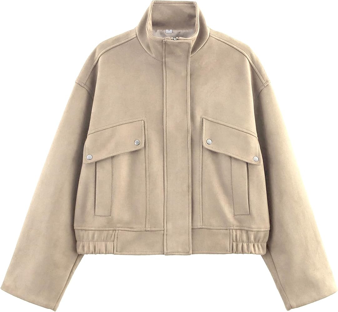 KEOMUD Suede Jacket Women Casual Cropped Bomber Jacket Stand Collar Zip Up Lightweight Outwear fo... | Amazon (US)