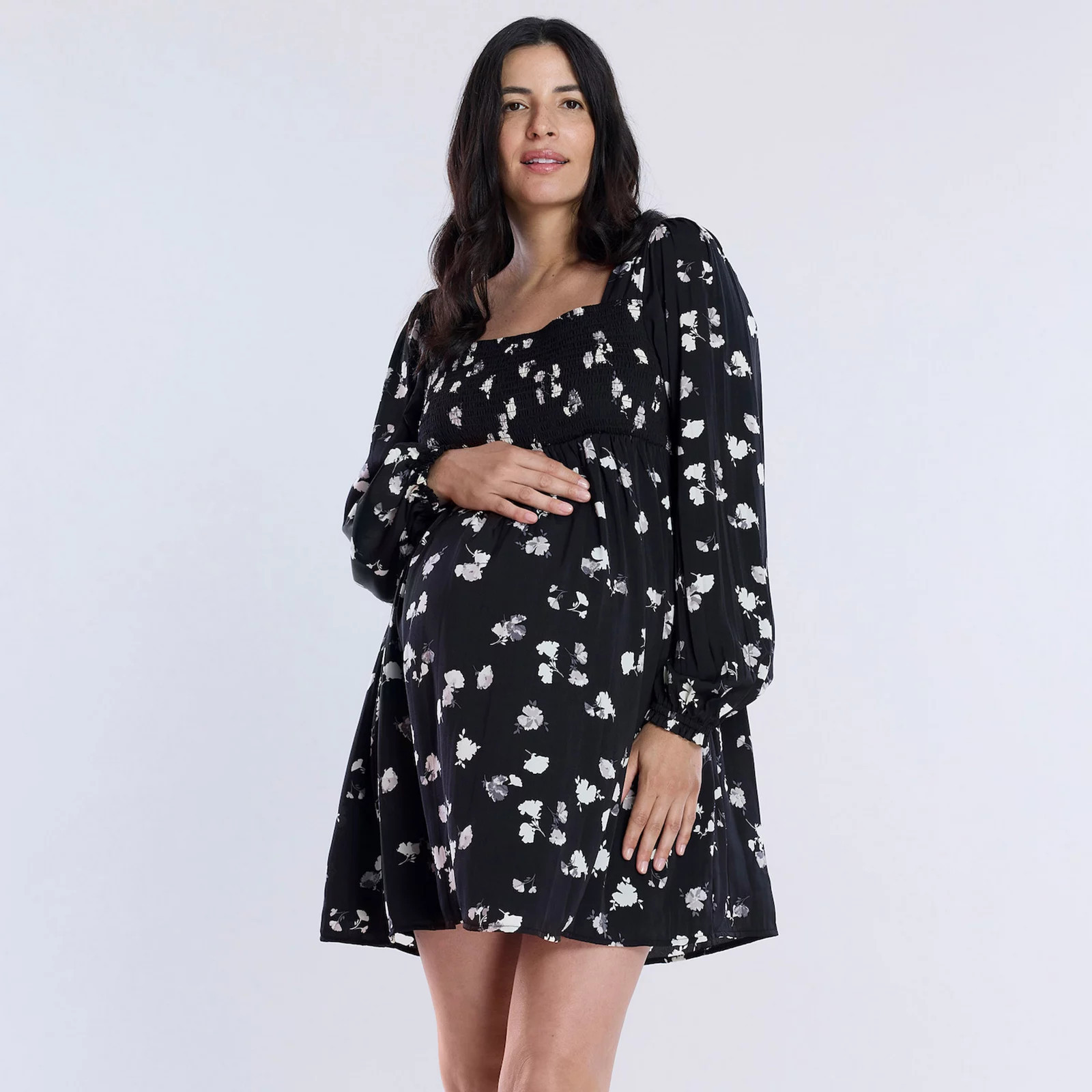 Maternity Motherhood® Smocked Babydoll Mini Dress, Women's, Size: Large-Mat, Black Floral | Kohl's