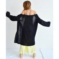 Long Black Cardigan, Alpaca Cozy Hand Knit Mohair Ladies Soft Spring Light Open Cardigan | Etsy (US)