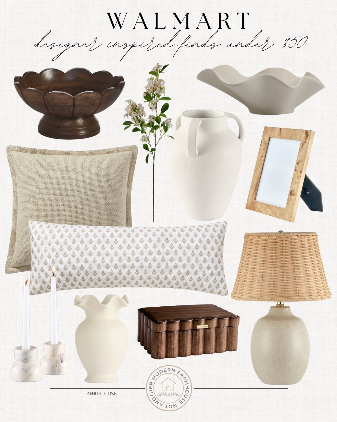 Designer inspired home finds under $50 from Walmart include table lamp, frame, decorative bowl, vase, floral stem, decorative bowl, throw pillows, candle stick holders, and decorative box.

Home decor, looks for less, styled home, neutral decor

#LTKHome #LTKSeasonal #LTKSaleAlert