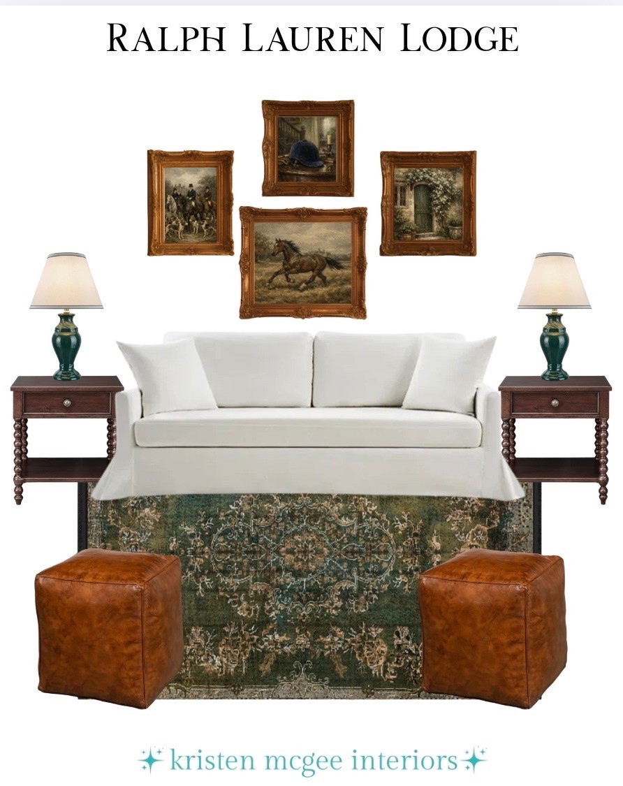 Rich leather, vintage inspired art work, deep green accents, and timeless textures bring this Ralph-Lauren inspired lodge look to life! 🤩✨🐎 #LTKhome #LTKdiml #LTKcreator