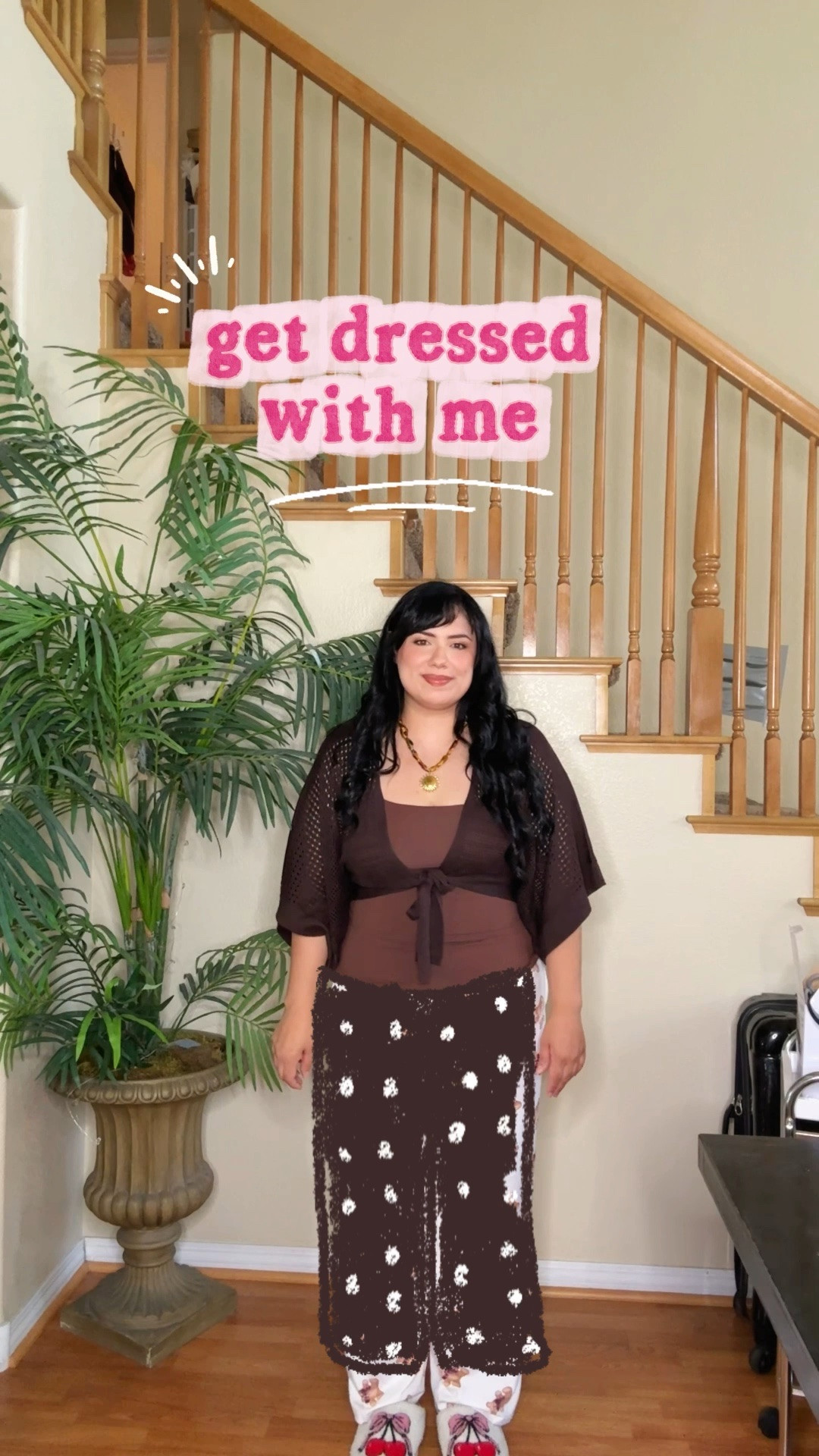 get dressed with me as a midsize mom 🤎 had so much editing this one. love a monochromatic look. tank top is from @pumiey cardigan and shoes are @ross bag and necklace are @amazon and pants are @oldnavy #gdwm #outfitinspo #midsizestyle #summeroutfit