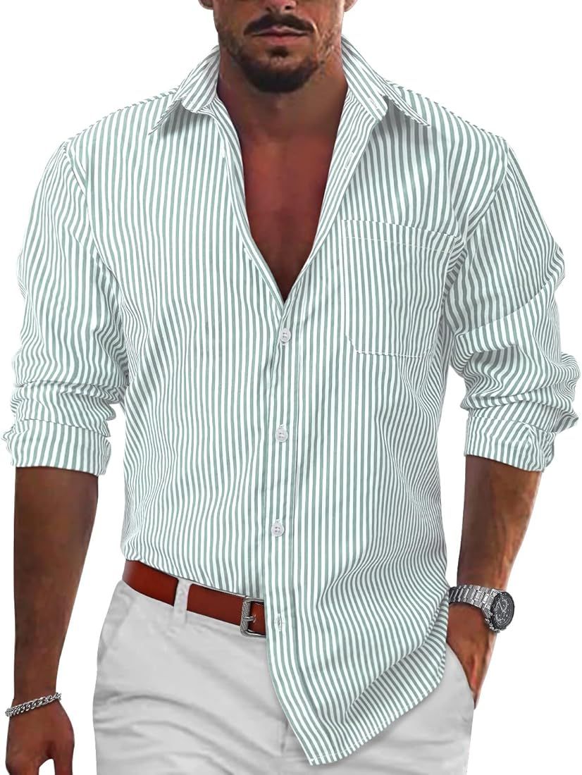 YRW Men's Casual Long Sleeve Button Down Striped Shirt Regular Fit Beach Yoga Work Linen Fashion ... | Amazon (US)