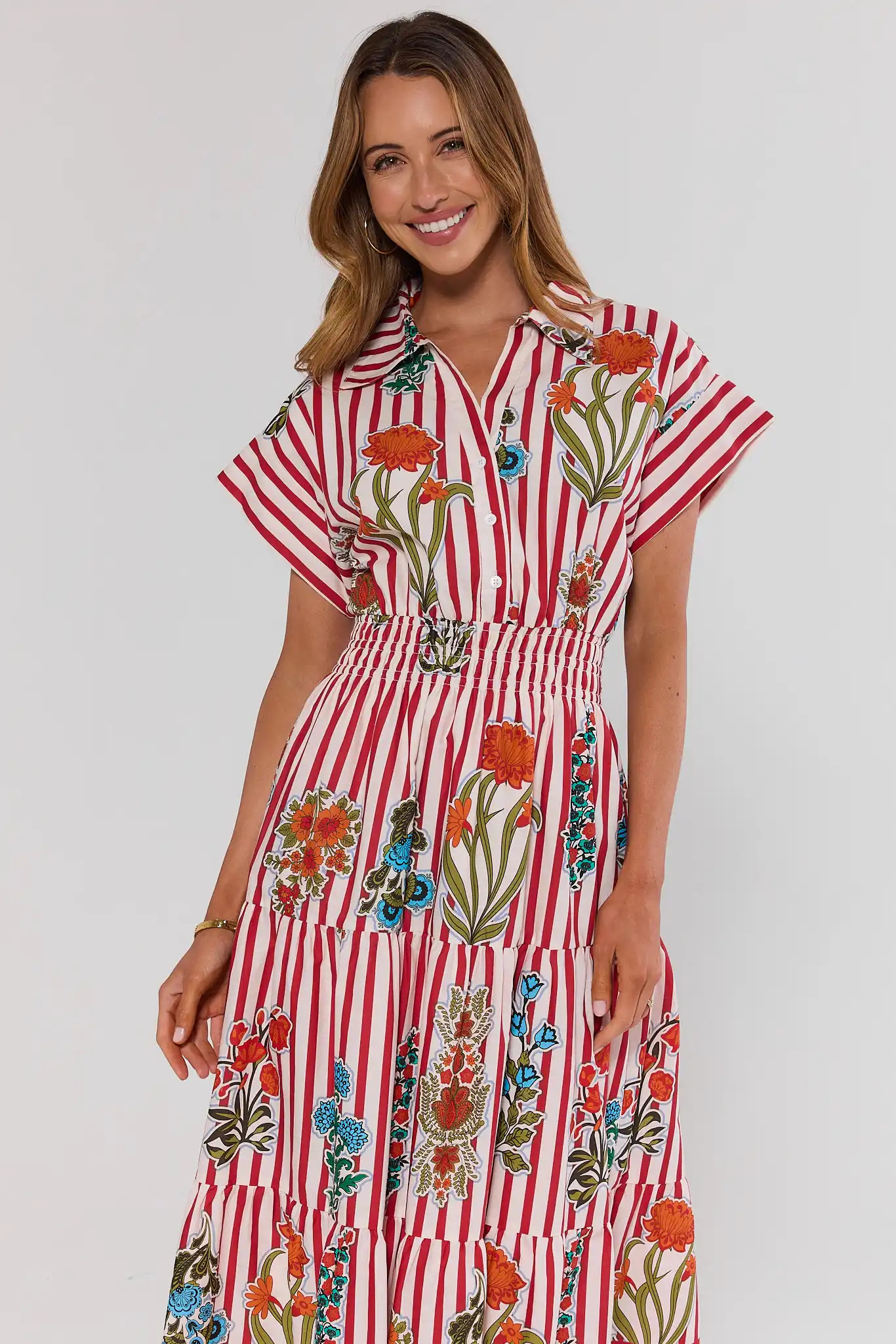 Red Stripe Floral Midi Dress by THML | Avara
