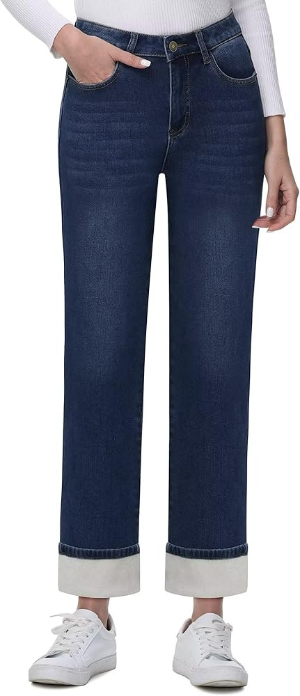 KDF Women's Fleece Lined Jeans Women Straight Leg Winter Fleece Lined Pants High Waist Lined Jean... | Amazon (US)