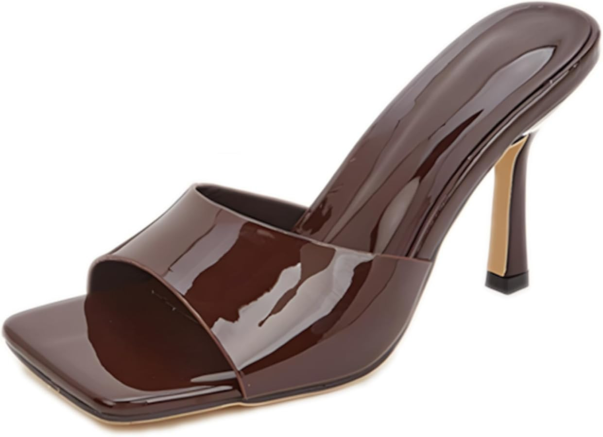 Women's Patent Leather Square Open Toe Stiletto Heeled Mules Sandals Sexy Backless Lightweight No... | Amazon (US)