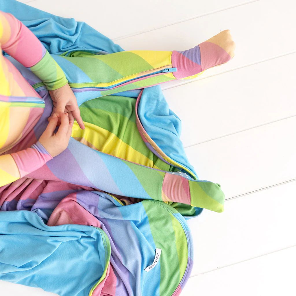 Rainbow Multi Reversible Baby Blanket | Rainbow Stripe & Rainbow Blue | Posh Peanut