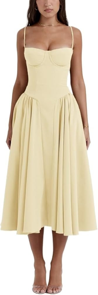 Milkmaid Dress Women Low Cut Solid Color Backless Spaghetti Strap Bodycon Big Skirt Fairy Corset ... | Amazon (US)