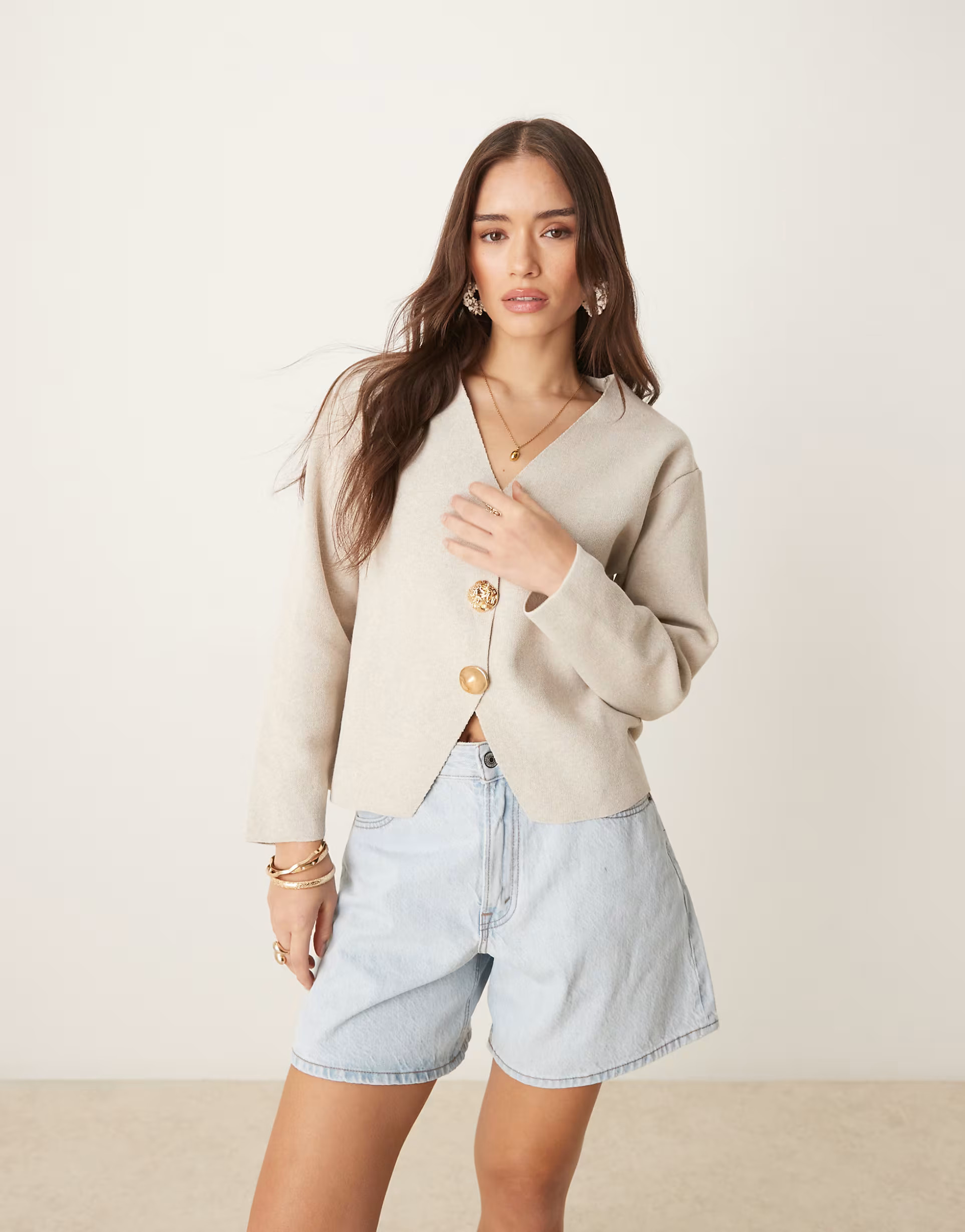Mango compact knit cardigan with gold statement buttons in beige | ASOS (Global)