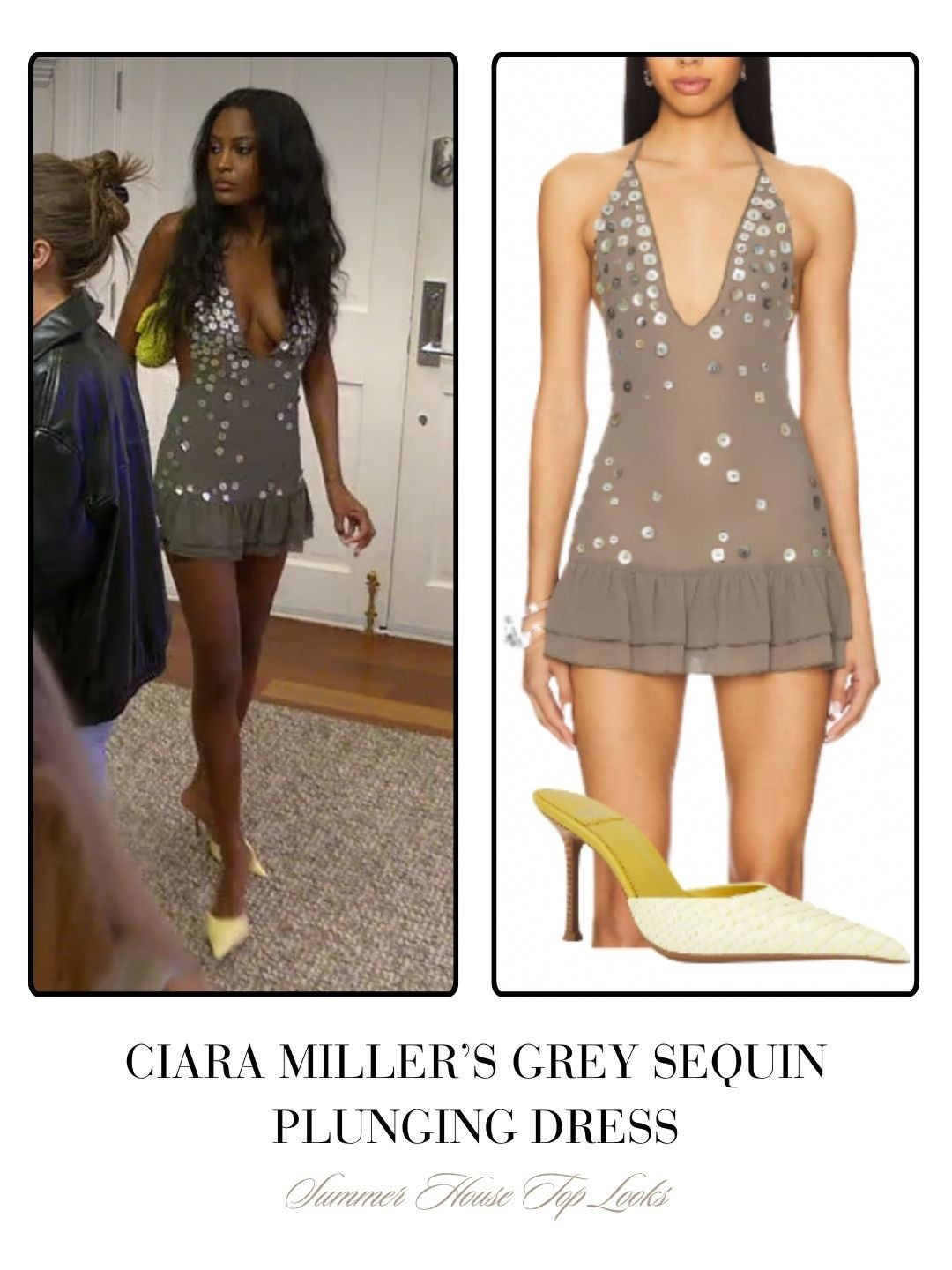 Ciara Miller’s Grey Sequin Plunging Dress