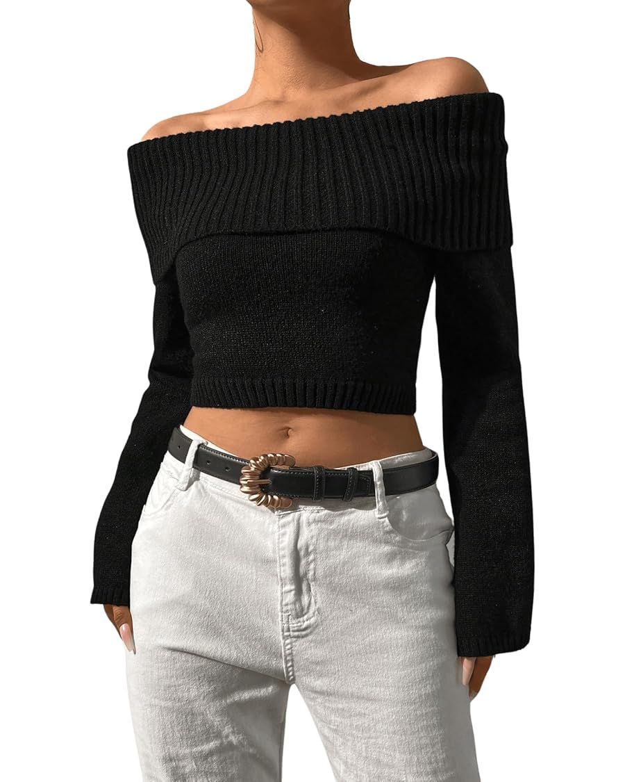 MakeMeChic Women's Off Shoulder Foldover Long Sleeve Knitted Pullover Sweater Crop Tops | Amazon (US)