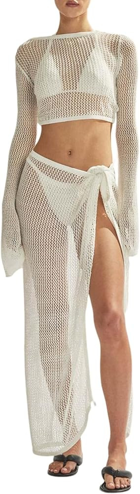 Gihuo Womens Swimsuits Cover Ups Crochet 2 Piece Bikini Coverup Beach Swimwear Hollow Out Bathing... | Amazon (US)