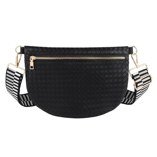 Woven Crossbody Bags for Women Leather Belt Bum Sling Purse Fanny Waist Pack Chest Shoulder Bag for Women-Black | Amazon (US)