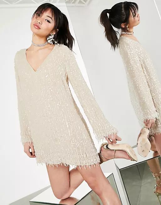 ASOS EDITION plunge shift mini dress with sequin and crystal fringe in cream | ASOS (Global)