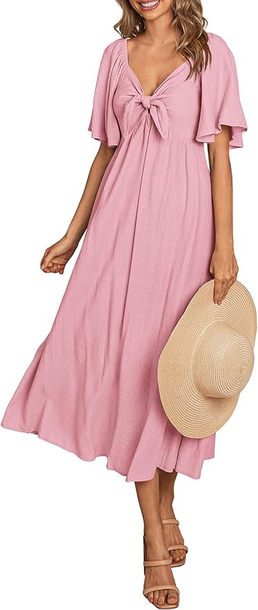 PRETTYGARDEN Summer Dress for Women 2025 Casual Short Sleeve Bow Tie V Neck Ruffle Midi Flowy Dre... | Amazon (US)