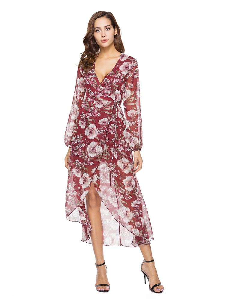 Maxi Floral Dresses Women Burgundy V Neck Long Sleeve High Low Chiffon Dress | Milanoo