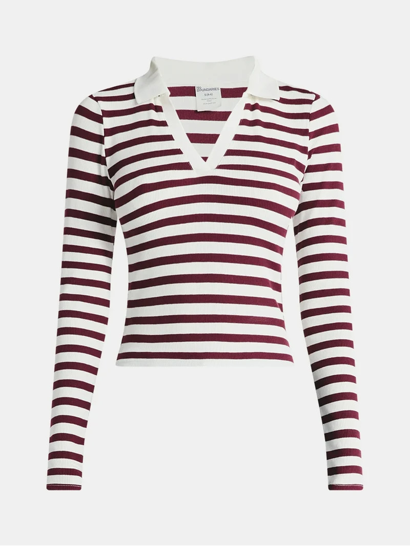 No Boundaries Johnny Collar Tee with Long Sleeves, Women's | Walmart (US)