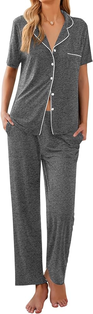 Ekouaer Women Pajamas Set Button Down Sleepwear Short Sleeve Nightwear with Long Pants Soft Pjs S... | Amazon (US)
