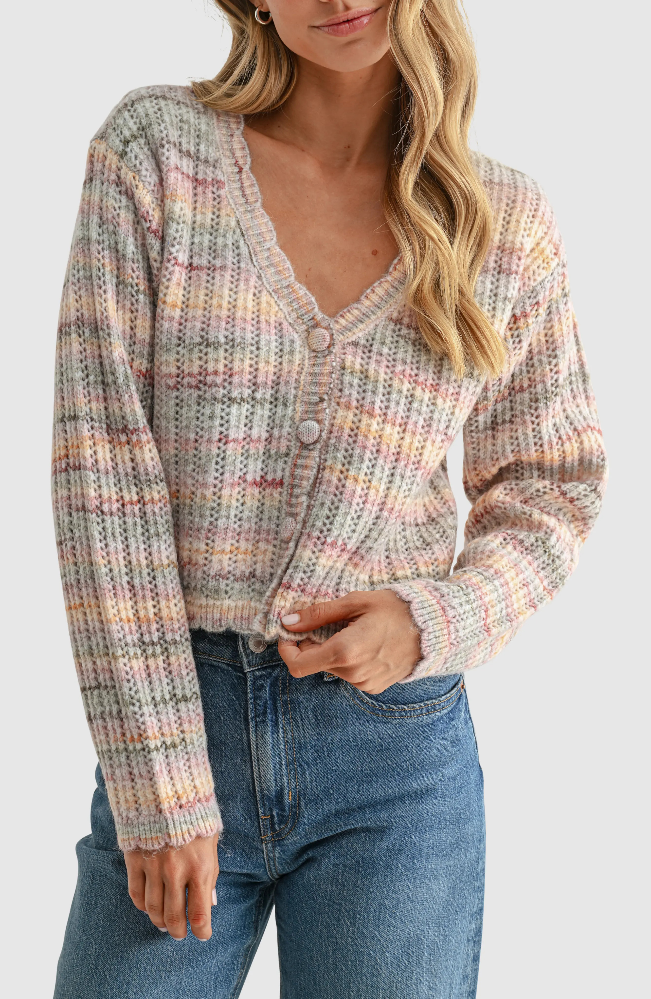 All in Favor Space Dye V-Neck Cardigan in Light Pink Multi at Nordstrom, Size X-Large | Nordstrom