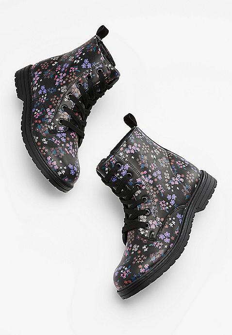 Girls Black Floral Combat Boot | Maurices