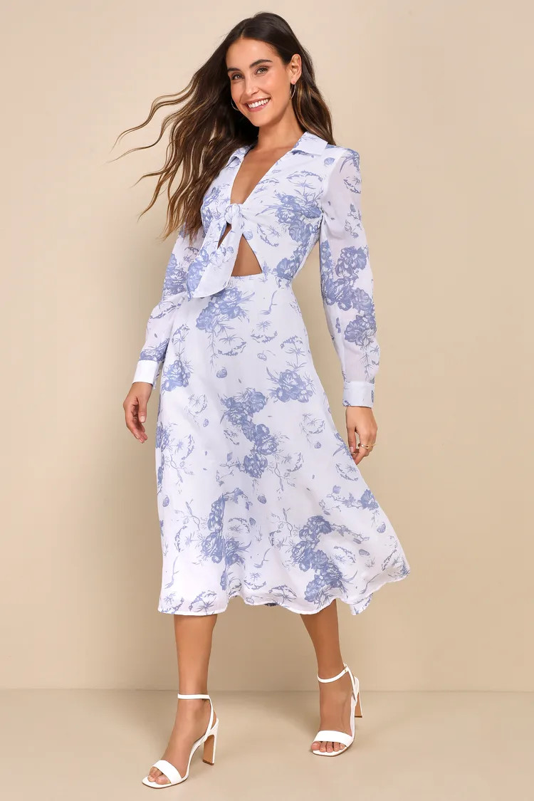 Lovely Adoration White Floral Print Tie-Front Midi Dress | Lulus (US)
