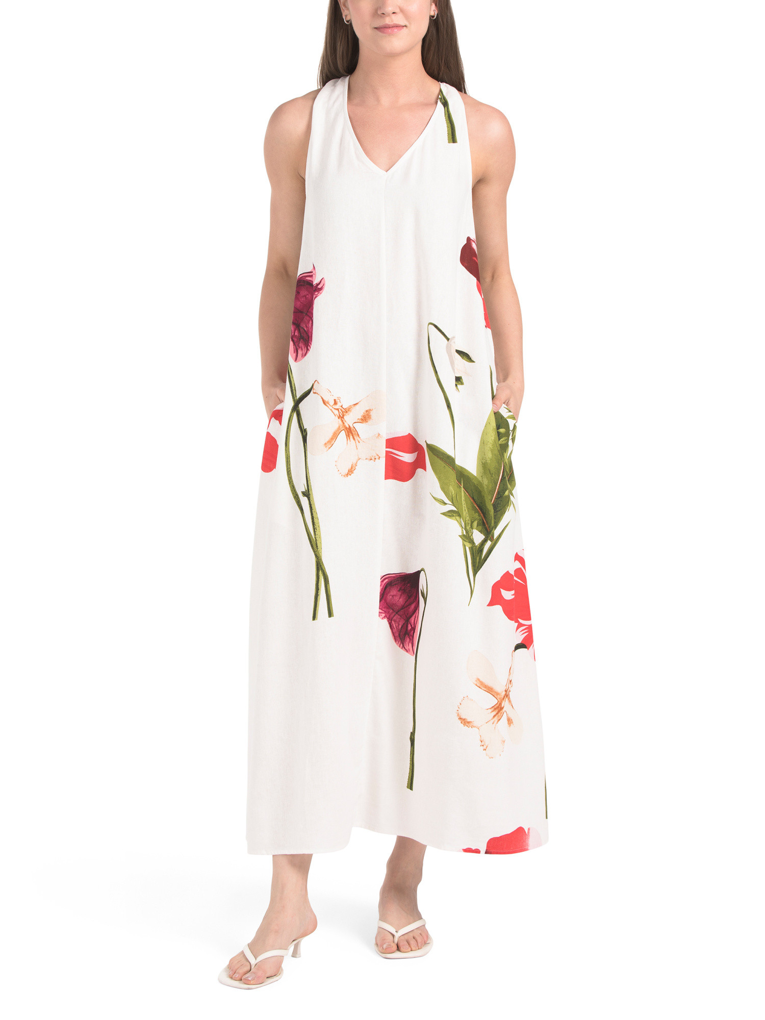 Linen Blend V-neck Cross Back Dress | TJ Maxx