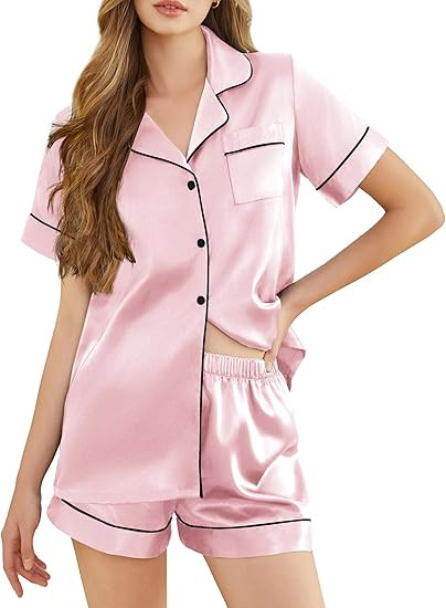 Silk Pajamas for Women Short Sleeve Sleepwear Soft Button Down Loungewear 2 Piece Satin Pjs Short... | Amazon (US)