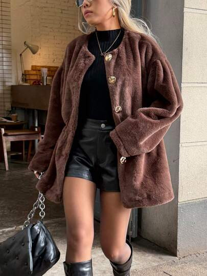 Elyressa Brown Cardigan With Cinched Waist And Gold Button Decor, Regular Fit Women Jacket | SHEIN