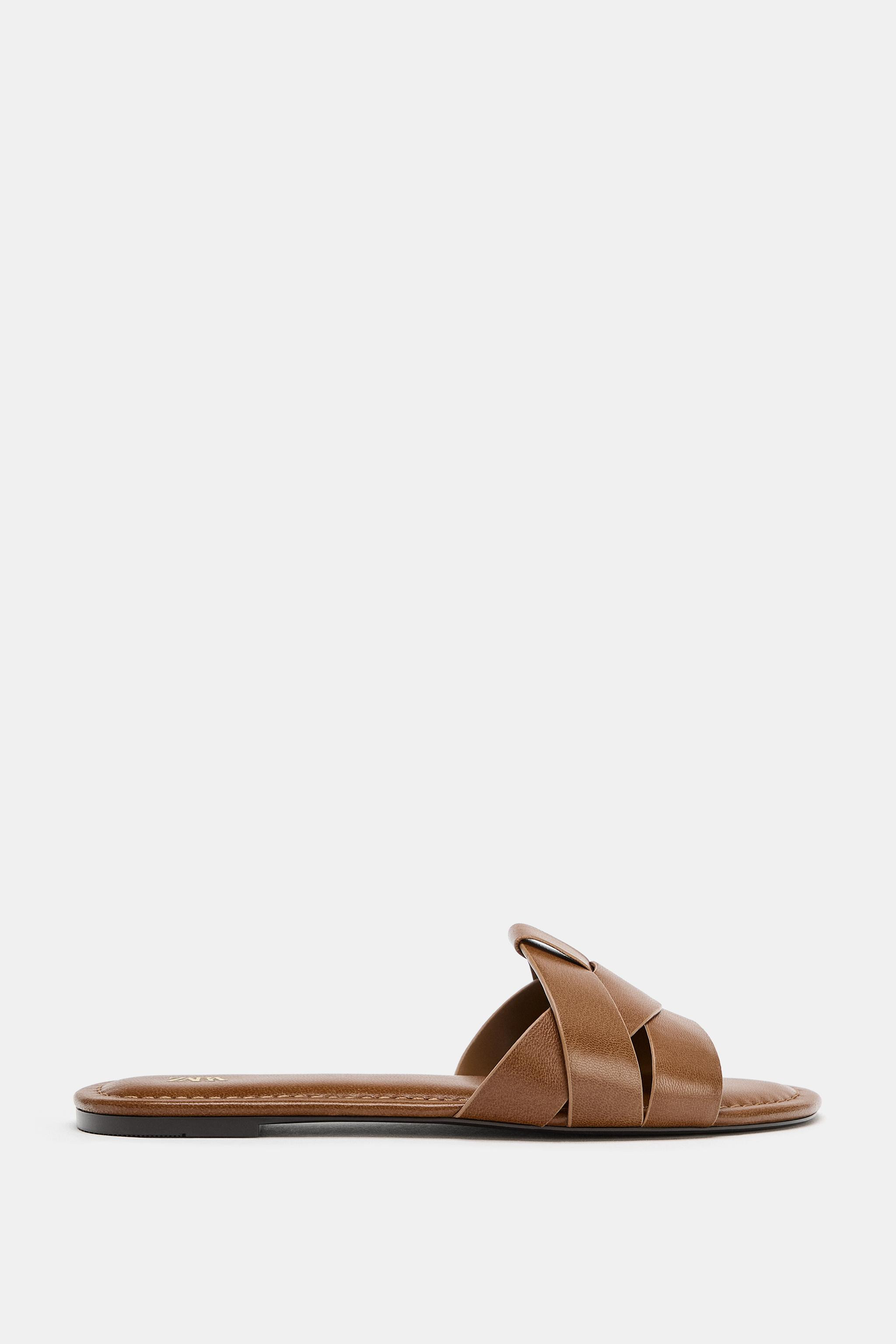 LEATHER CROSSED STRAP FLAT SANDALS | Zara US