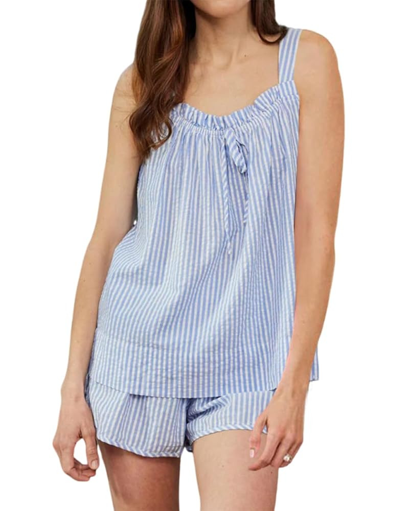 Women's Seersucker Pajamas Set Cute Striped Pjs Tank Top and Shorts Summer Beach Outfits | Amazon (US)