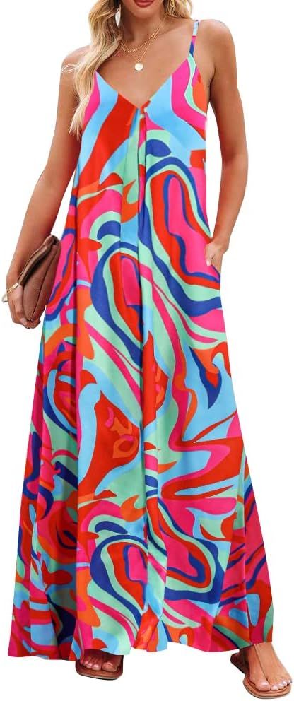 SIFLIF Women's Satin Casual Loose Summer Dresses 2024V Neck Spaghetti Strap Floral Maxi Summer Be... | Amazon (US)