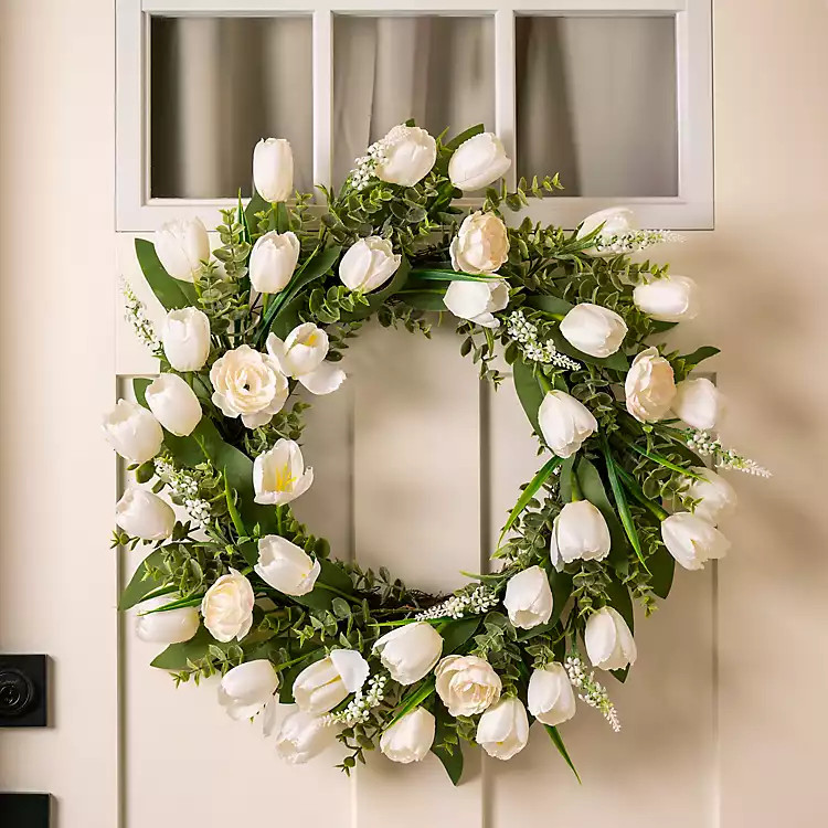 New! White Tulips and Ranunculus Mix Wreath | Kirklands