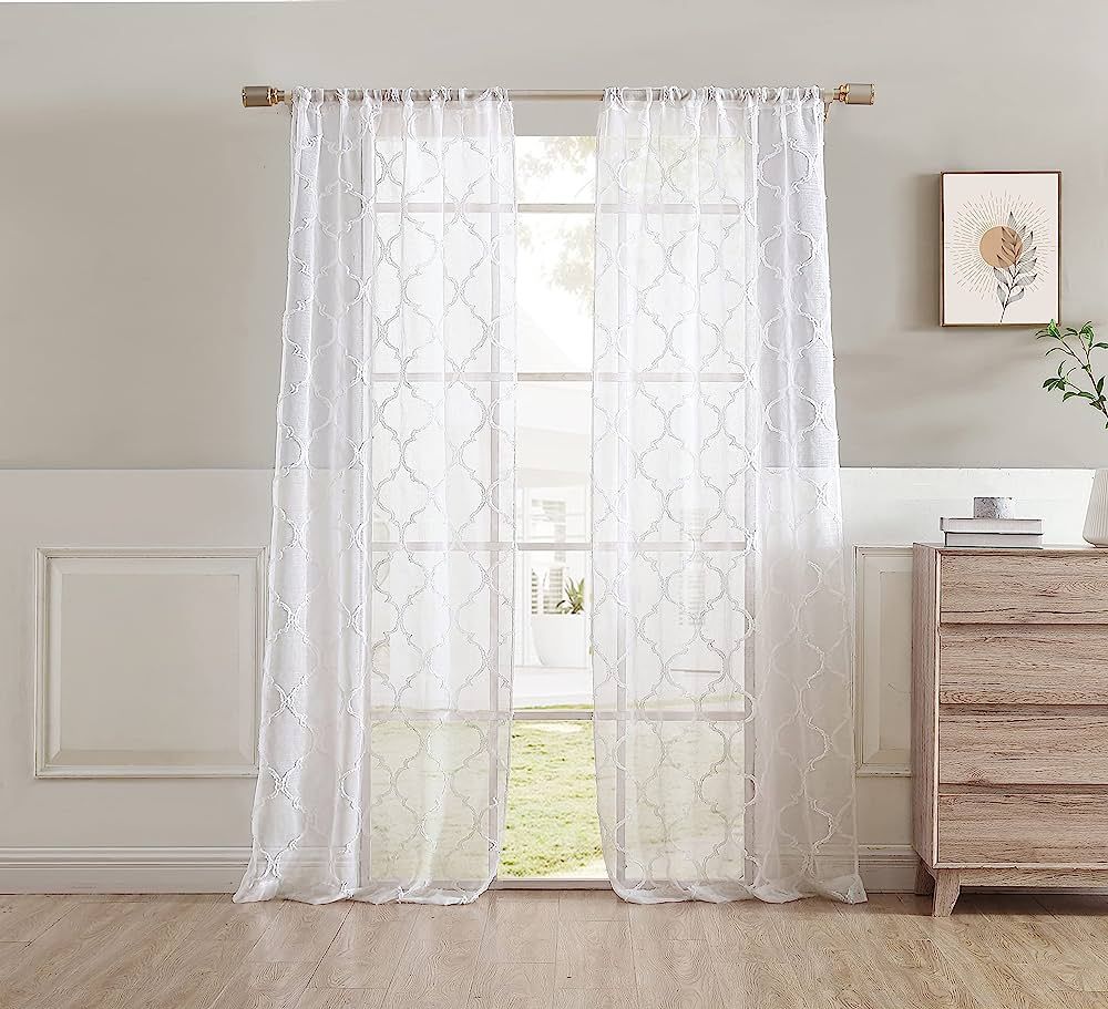 Laura Ashley Berwyn Lattice Sheer Curtains with Rod Pocket, Each Panel Measures 38"W x 84"L, Whit... | Amazon (US)