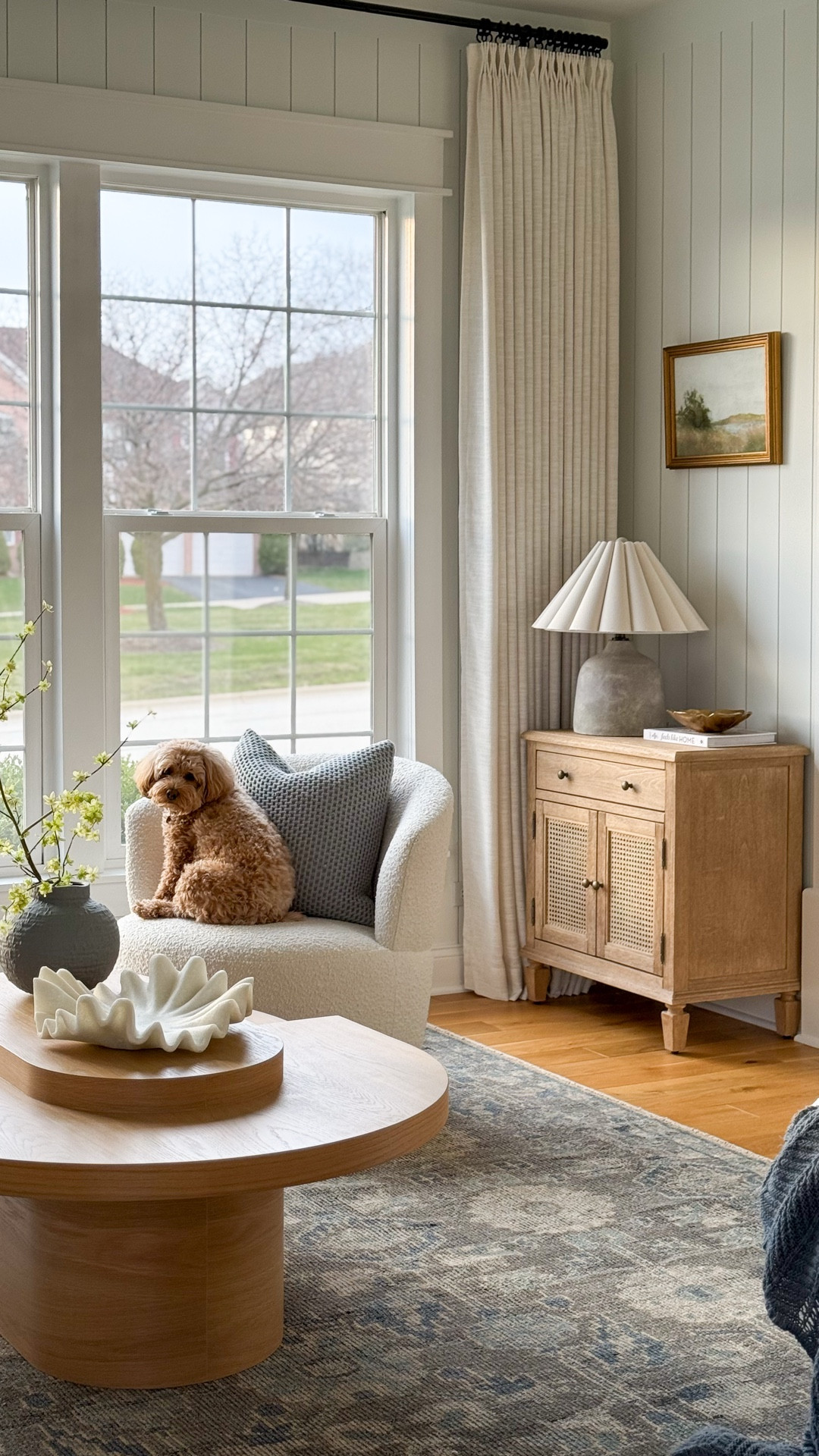 Living room, custom home, pottery barn, McGee & Co, studio McGee, cozy, interior decor, home design, vertical shiplap, cottage core, cute puppy, neutral home, rug, LeMae Home

#LTKHome