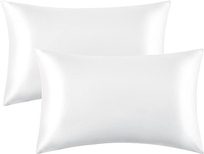 Bedsure Satin Pillowcases Standard Set of 2 - Pure White Silk Pillow Cases for Hair and Skin 20x2... | Amazon (US)