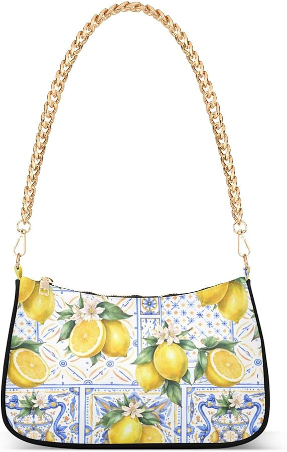 Shoulder Bags for Women Vintage Yellow Lemon Fruit and Blue Print Hobo Tote Handbag Small Clutch ... | Amazon (US)