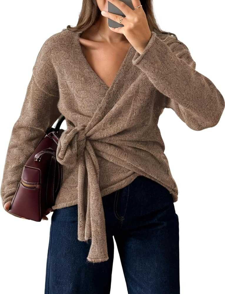 Watashi Women's Wrap Sweater with Tie Waist V Neck Knit Tops | Amazon (US)