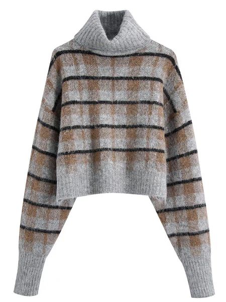 'Frida' High Neck Grey & Brown Plaid Sweater | Goodnight Macaroon